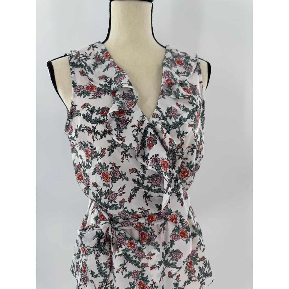Max Studio White Ruffle Floral Wrap Top Tie Waist Blouse Sleeveless Small NWT